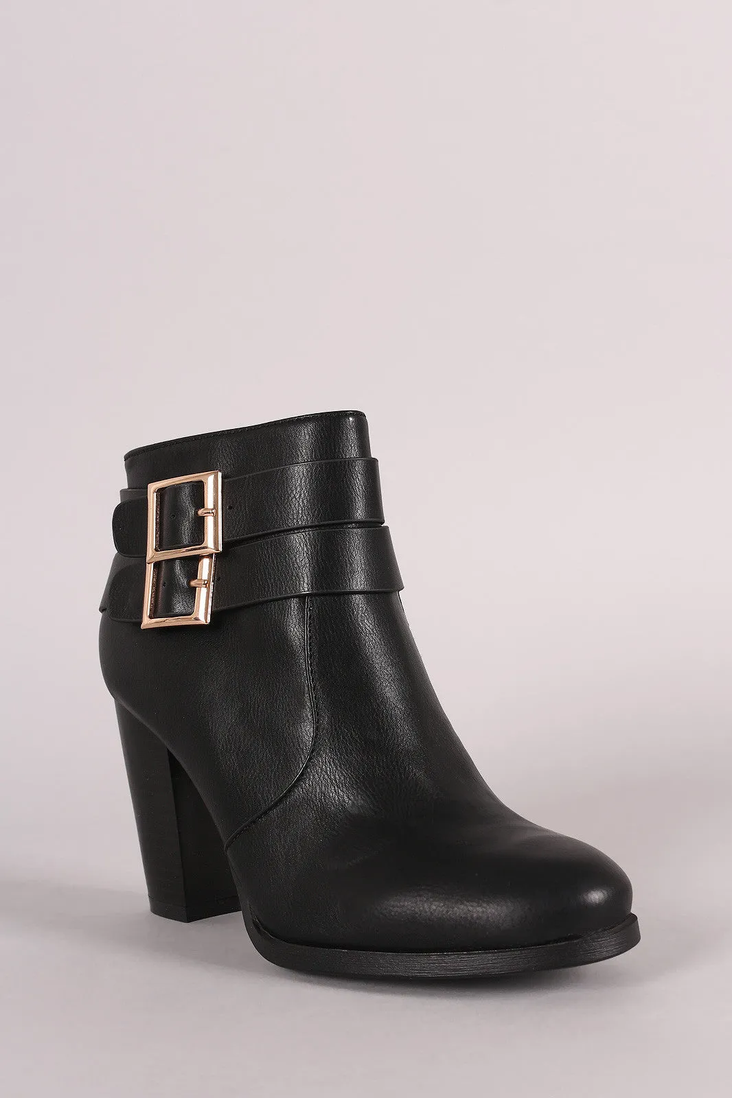 Bamboo Double Buckle Strap Chunky Heeled Ankle Boots