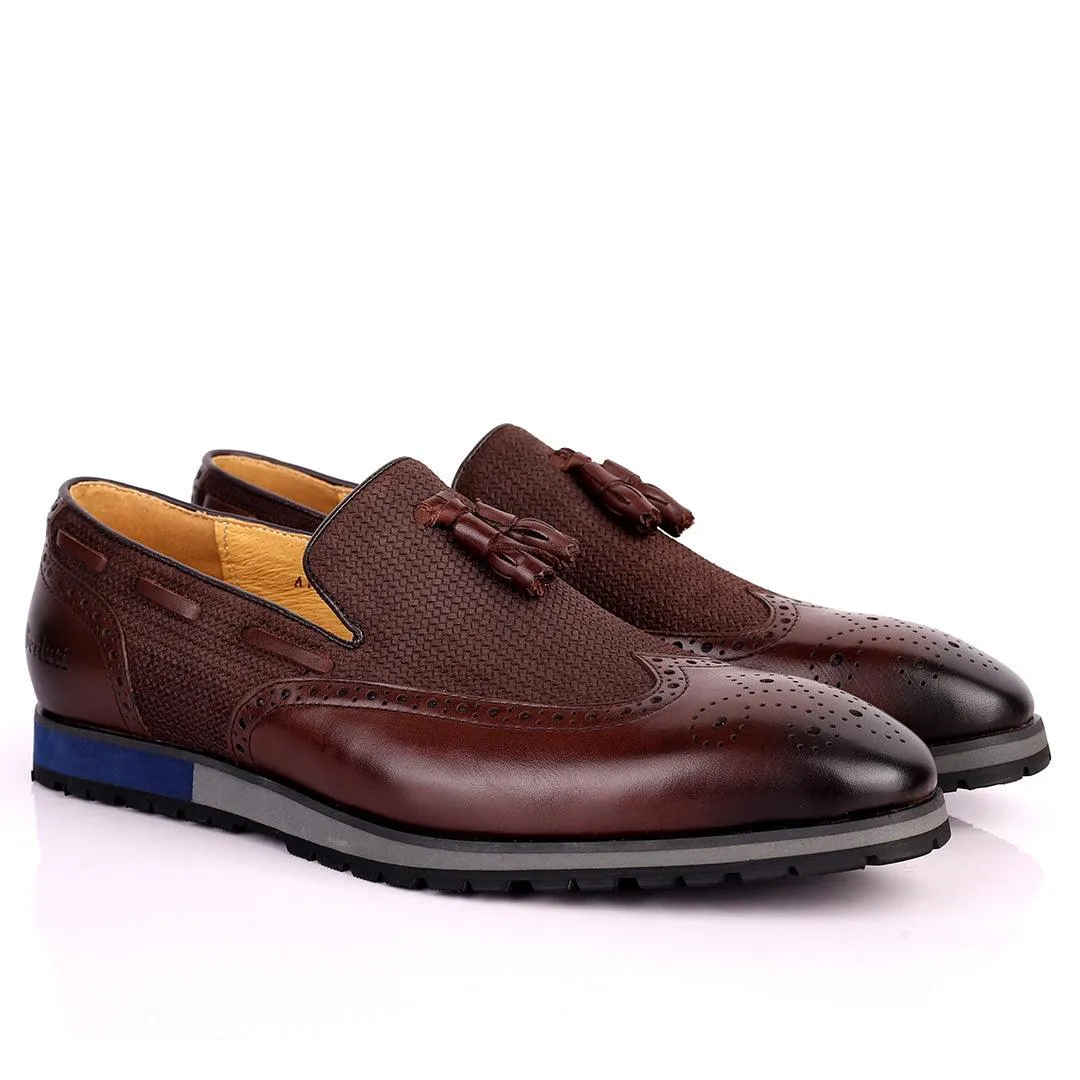 Berlut Brogue And Tassel Designed Black Leather Shoe- Coffee