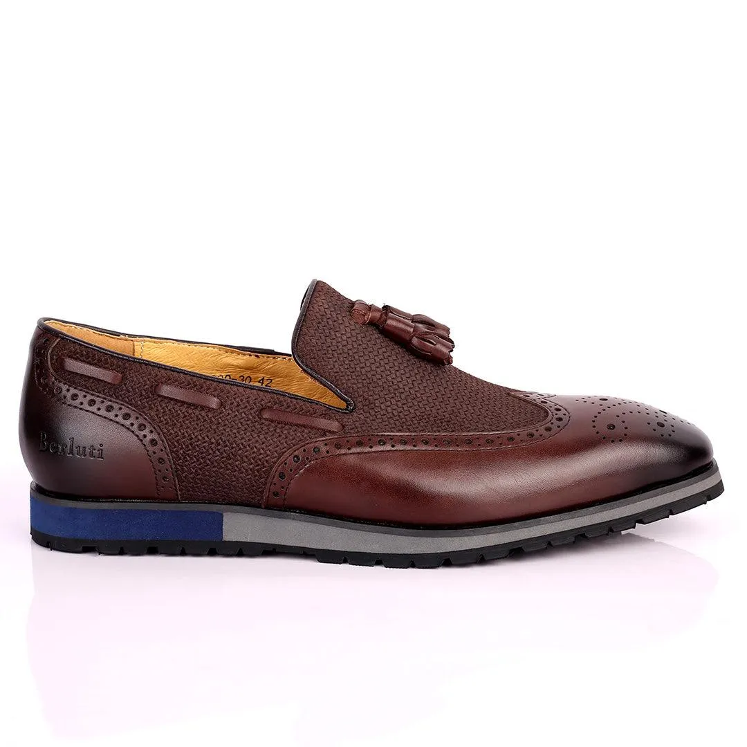 Berlut Brogue And Tassel Designed Black Leather Shoe- Coffee