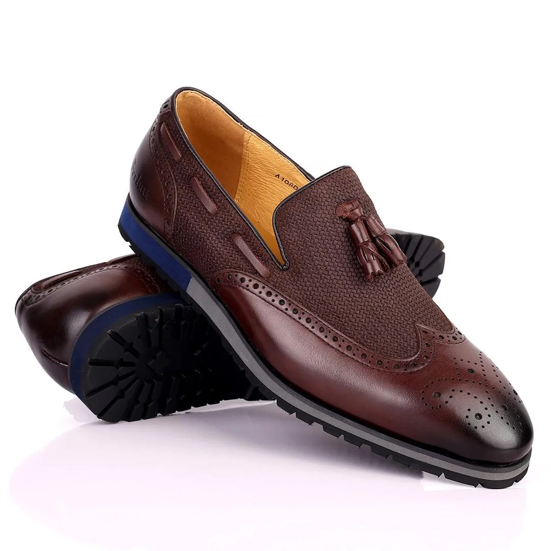 Berlut Brogue And Tassel Designed Black Leather Shoe- Coffee