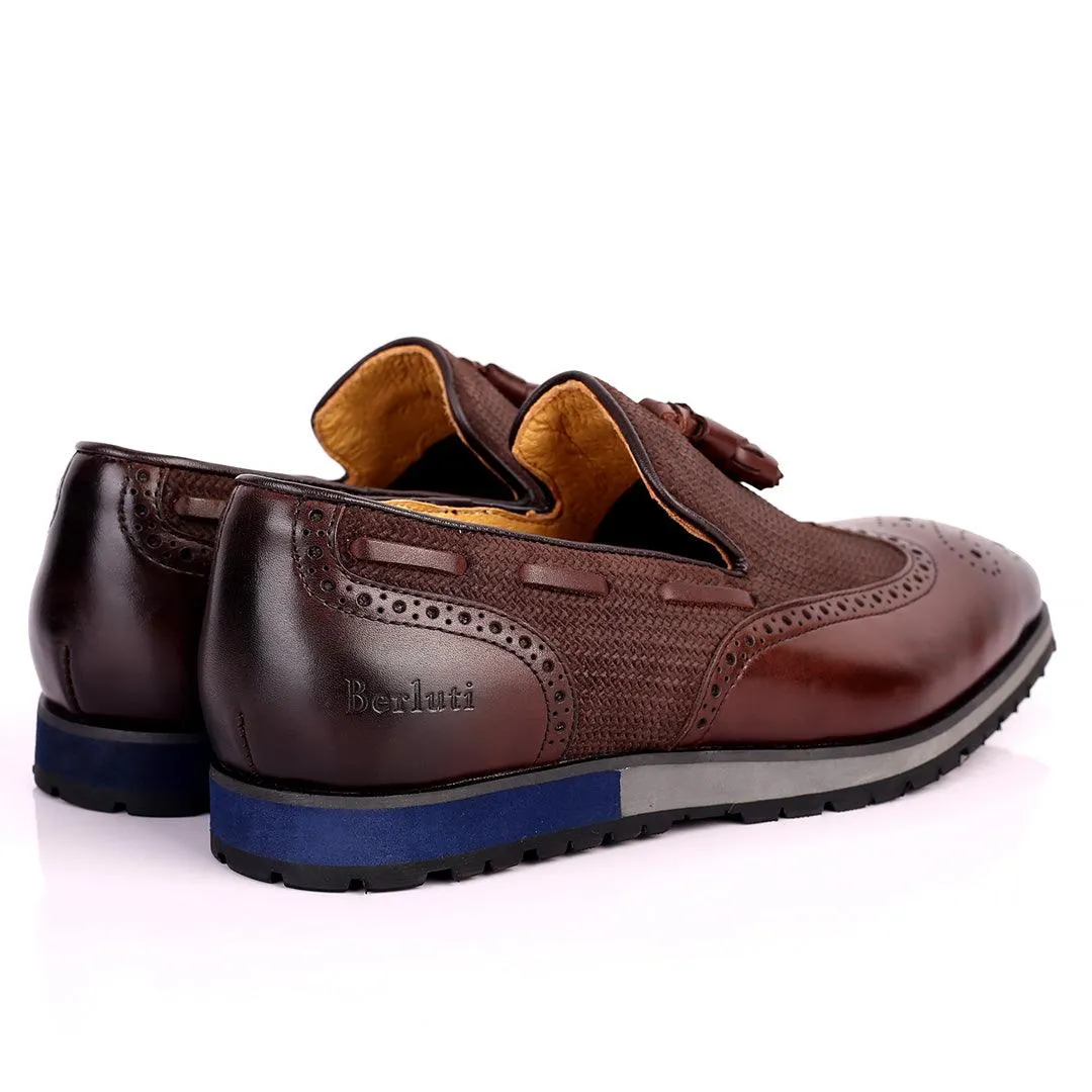 Berlut Brogue And Tassel Designed Black Leather Shoe- Coffee