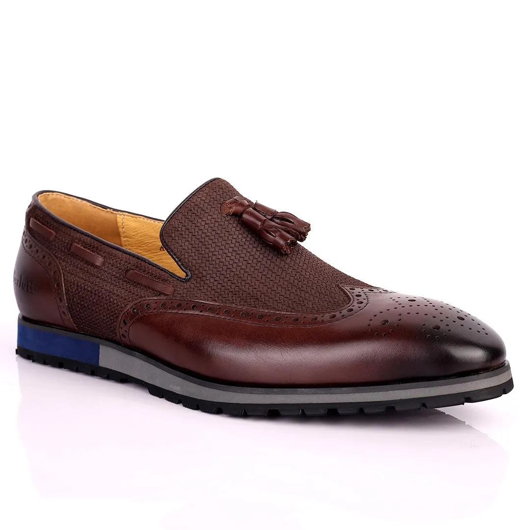 Berlut Brogue And Tassel Designed Black Leather Shoe- Coffee