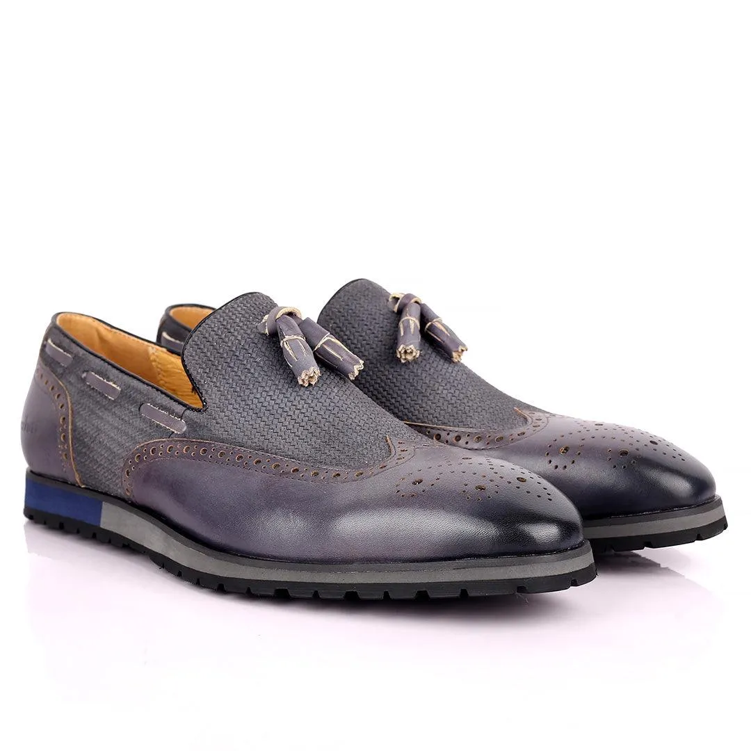 Berlut Brogue And Tassel Designed Grey Leather Shoe