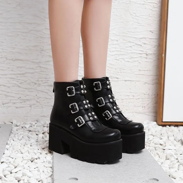 Biker Combat Boots Platforms Chunky Block High Heel