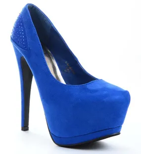 Blue Rhinestone Faux Suede Stiletto Platform Pump Heels