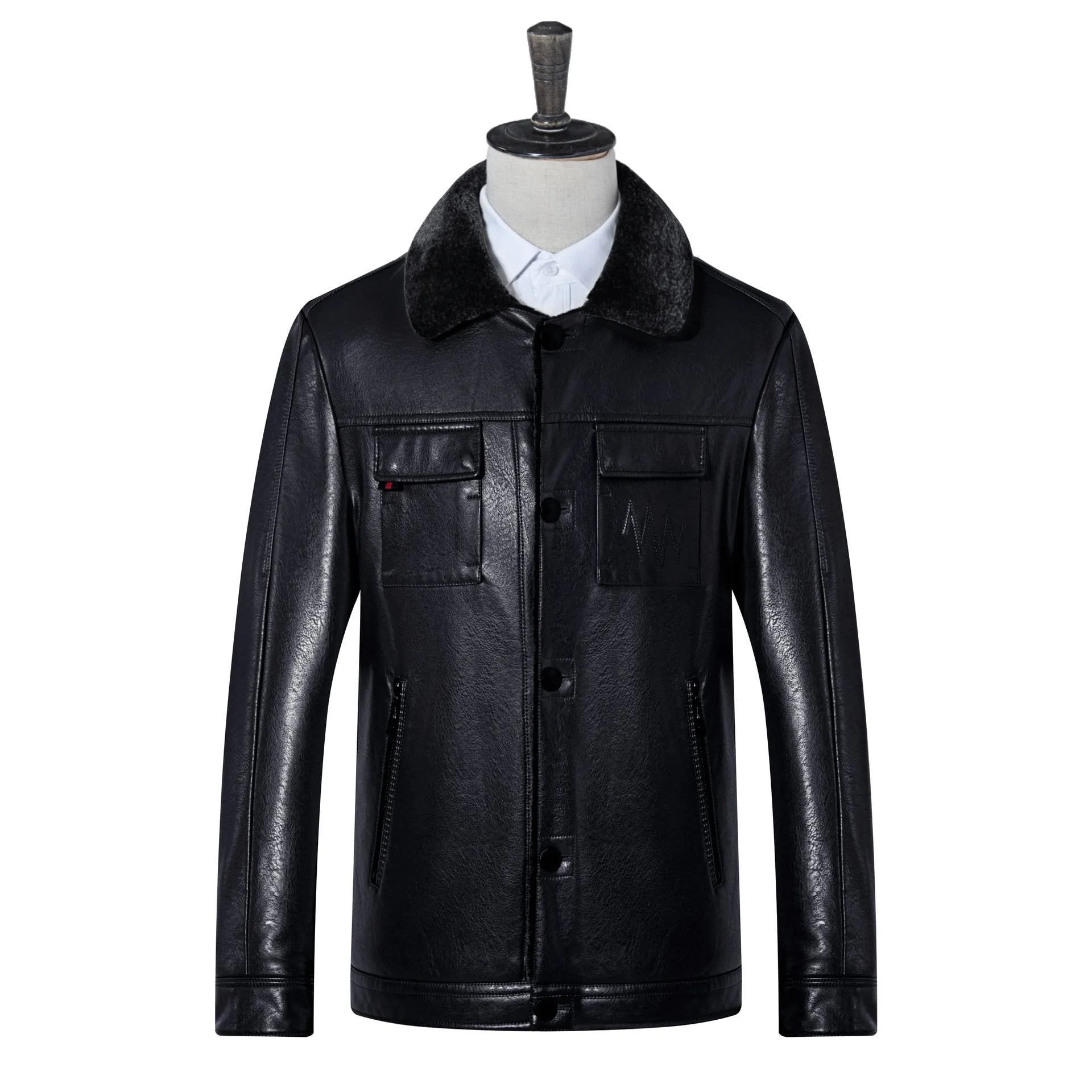 Classic Men's Four Pocket Leather Jacket With Fur Collar