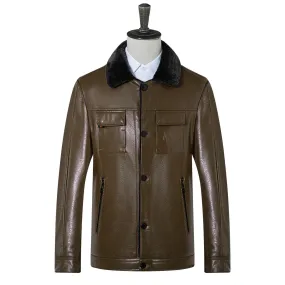 Classic Men's Four Pocket Leather Jacket With Fur Collar