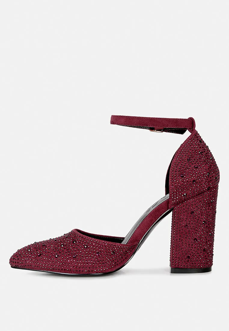 CULVER Rhinestone Embellished Block Heel Sandals in Burgundy