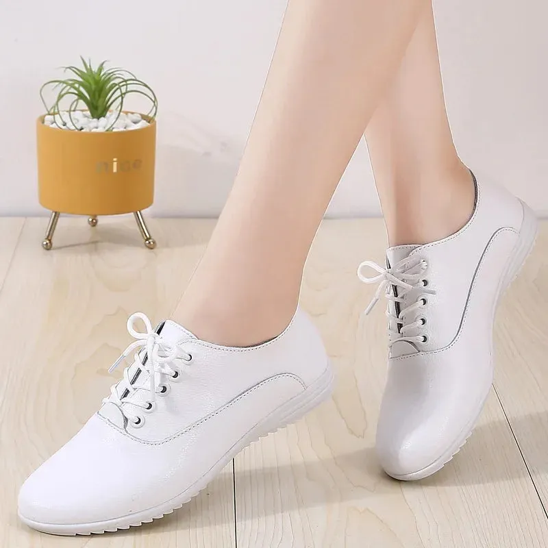 Leather Women's Casual Shoes Soft-sole Moccasins White Shoes Luxury Sneakers Flat