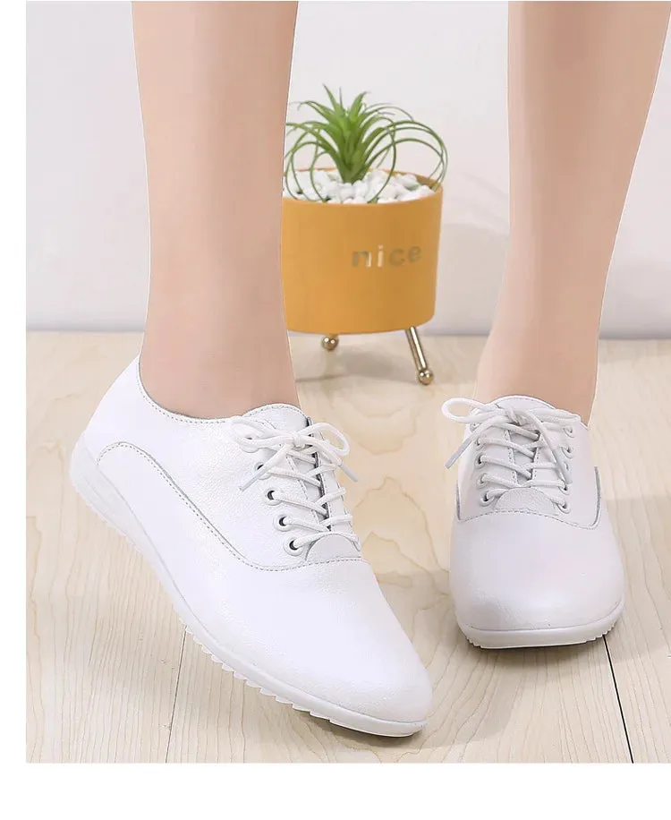 Leather Women's Casual Shoes Soft-sole Moccasins White Shoes Luxury Sneakers Flat