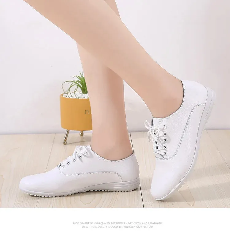 Leather Women's Casual Shoes Soft-sole Moccasins White Shoes Luxury Sneakers Flat