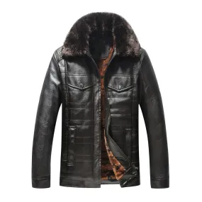 Men's Warm Winter Leather Jacket With Fur Collar