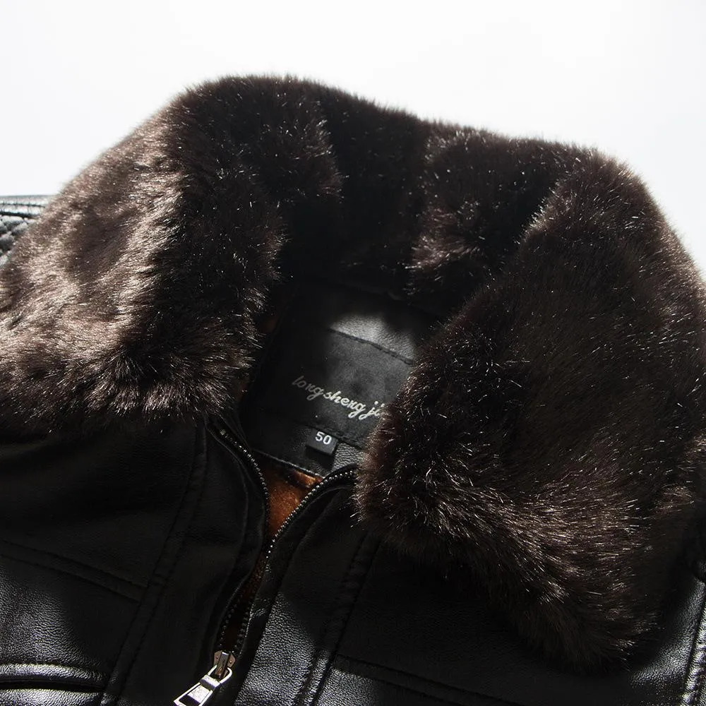 Men's Warm Winter Leather Jacket With Fur Collar