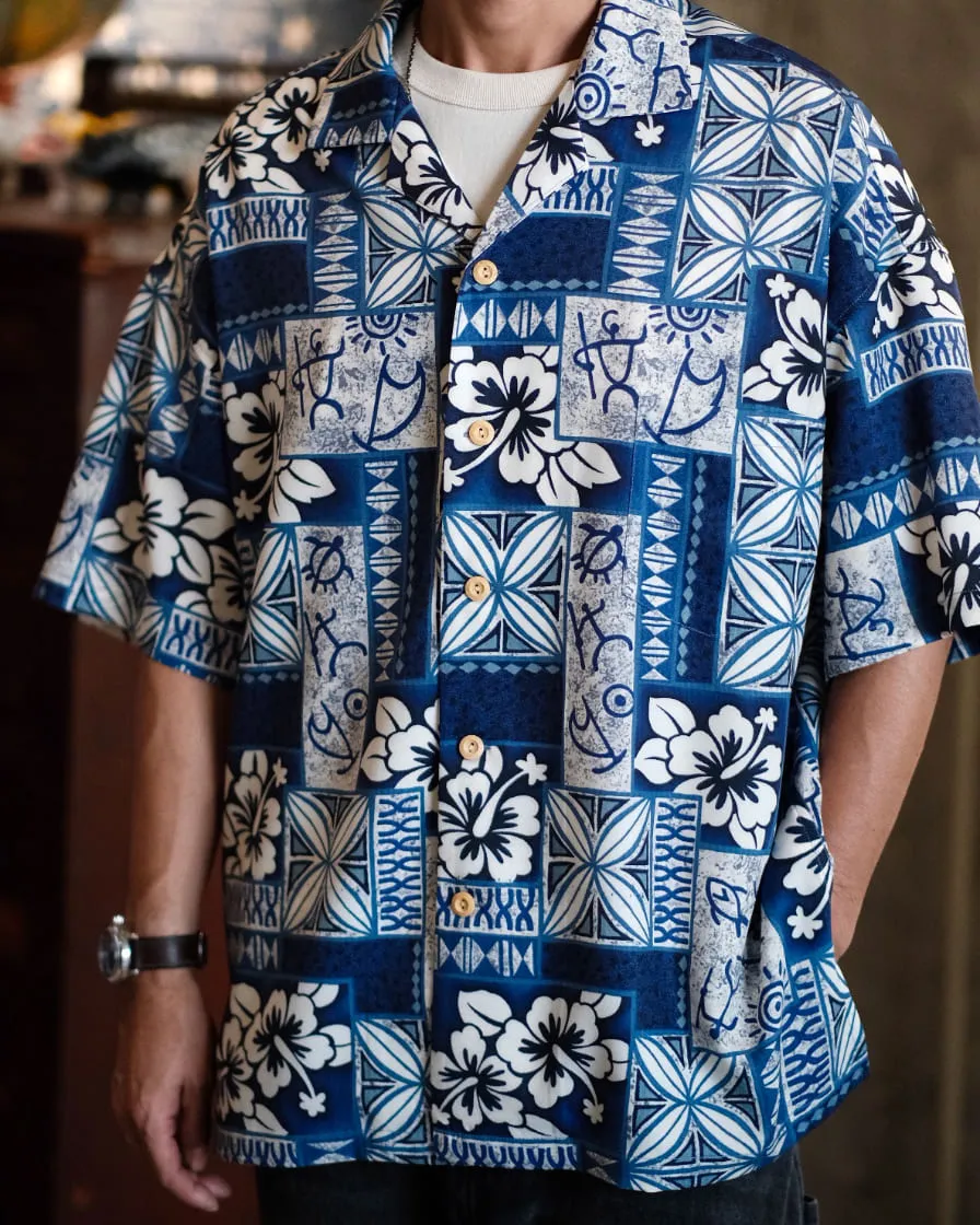 Spliced Indigo Pattern Hawaiin Shirt