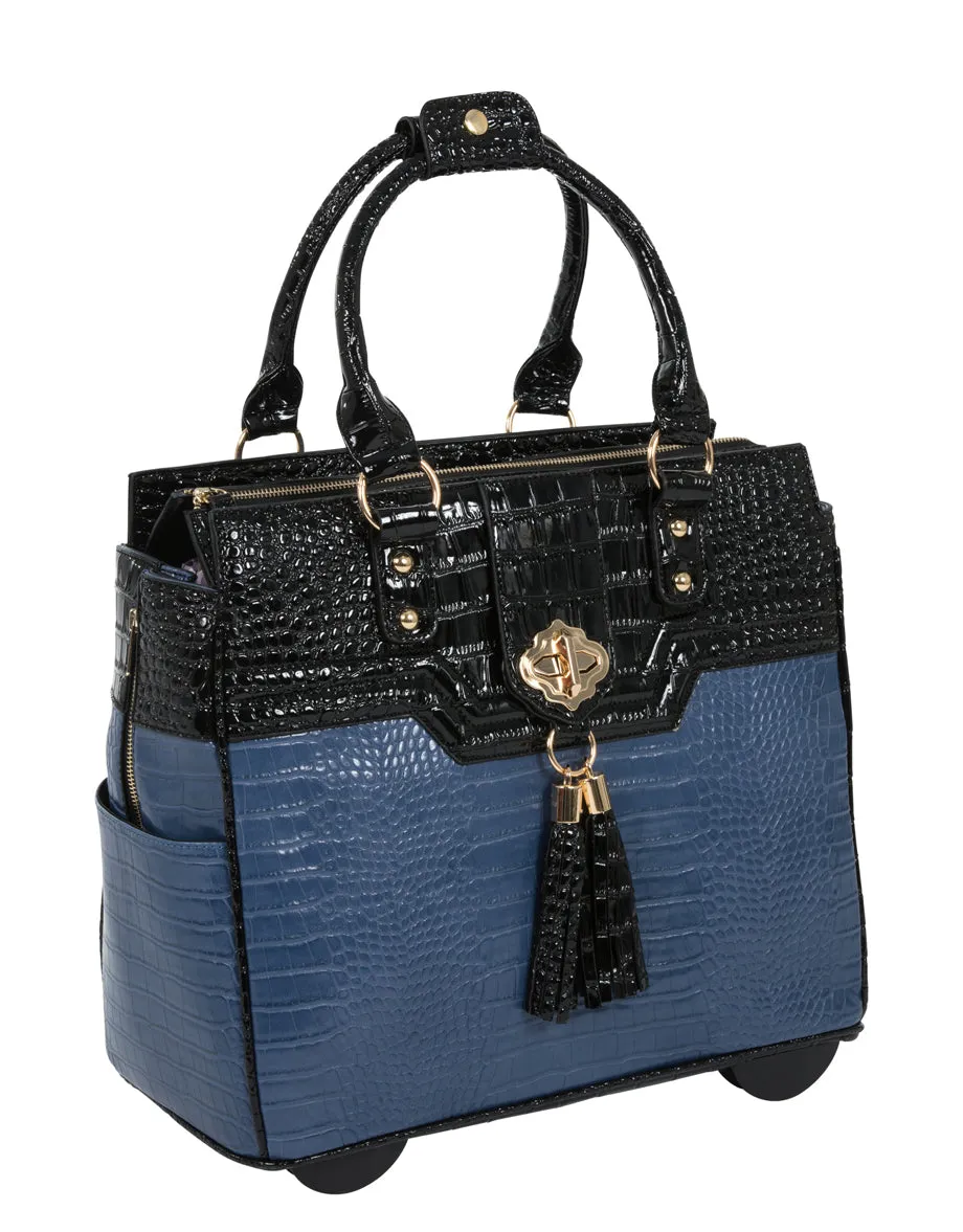 Stylish Oceanside Blue Alligator Rolling Laptop Bag | Women's Briefcase, Computer Case, Work Tote | Fits 13"-17" Laptops