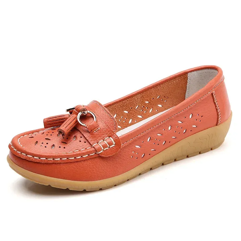 Summer Leather Women's Shoes Moccasins Platform Soft Boat Cutout Flats Casual Low Heel Nurse Lolita