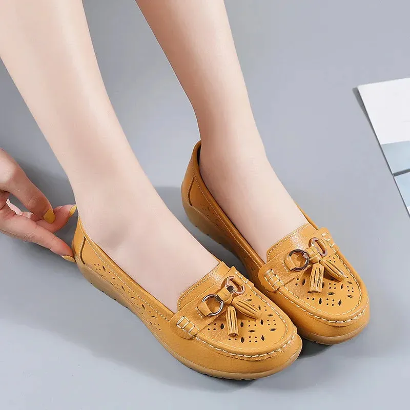 Summer Leather Women's Shoes Moccasins Platform Soft Boat Cutout Flats Casual Low Heel Nurse Lolita