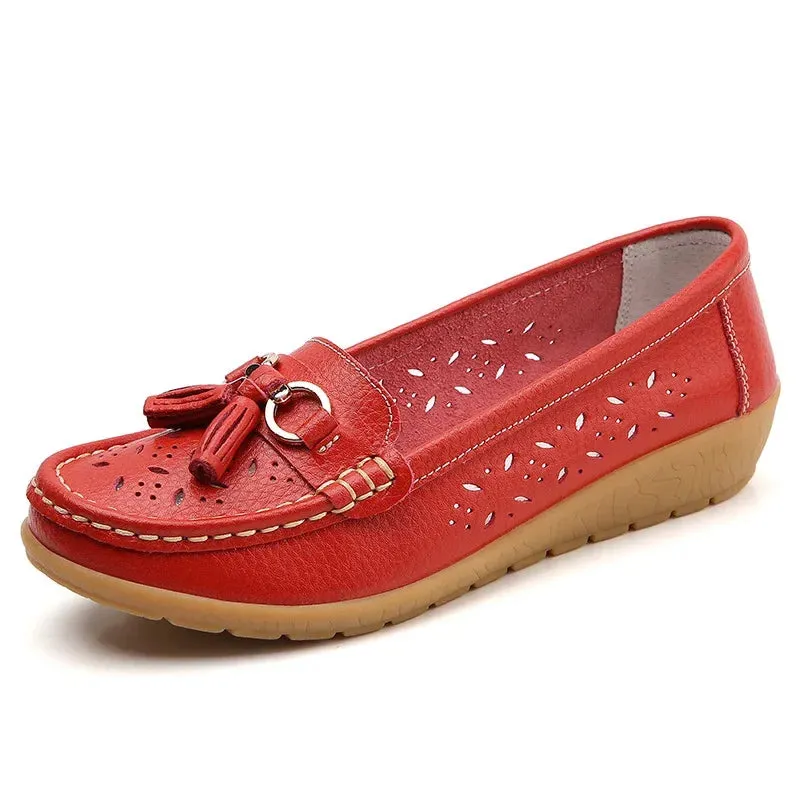 Summer Leather Women's Shoes Moccasins Platform Soft Boat Cutout Flats Casual Low Heel Nurse Lolita