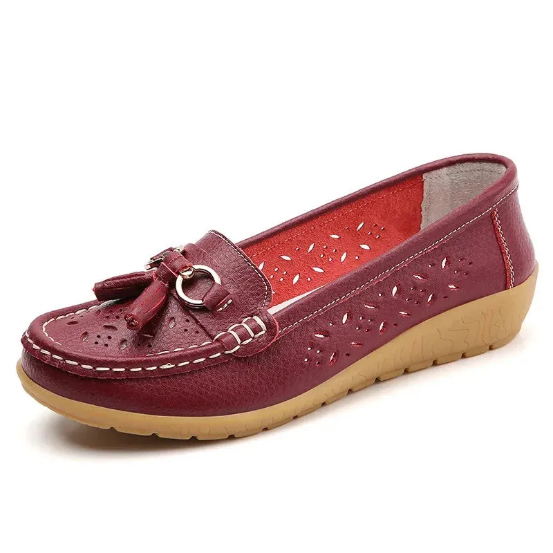 Summer Leather Women's Shoes Moccasins Platform Soft Boat Cutout Flats Casual Low Heel Nurse Lolita