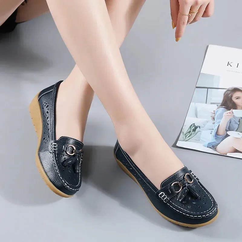 Summer Leather Women's Shoes Moccasins Platform Soft Boat Cutout Flats Casual Low Heel Nurse Lolita