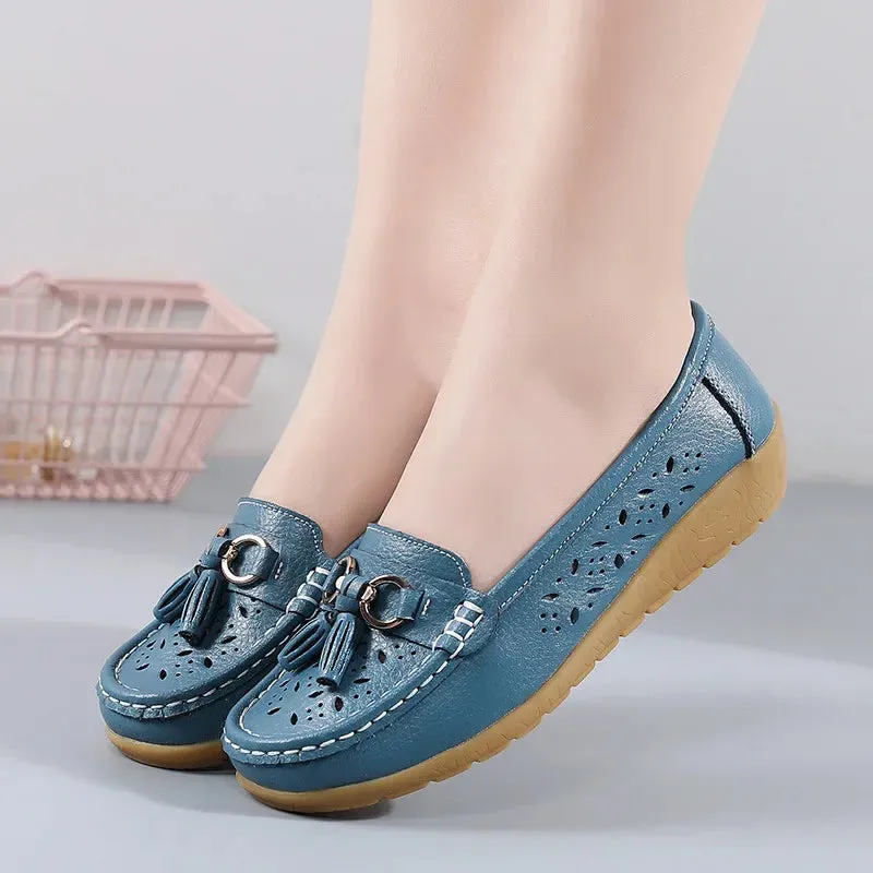 Summer Leather Women's Shoes Moccasins Platform Soft Boat Cutout Flats Casual Low Heel Nurse Lolita