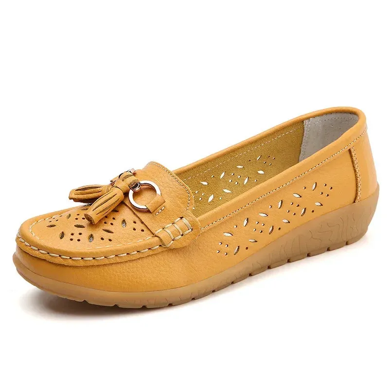 Summer Leather Women's Shoes Moccasins Platform Soft Boat Cutout Flats Casual Low Heel Nurse Lolita