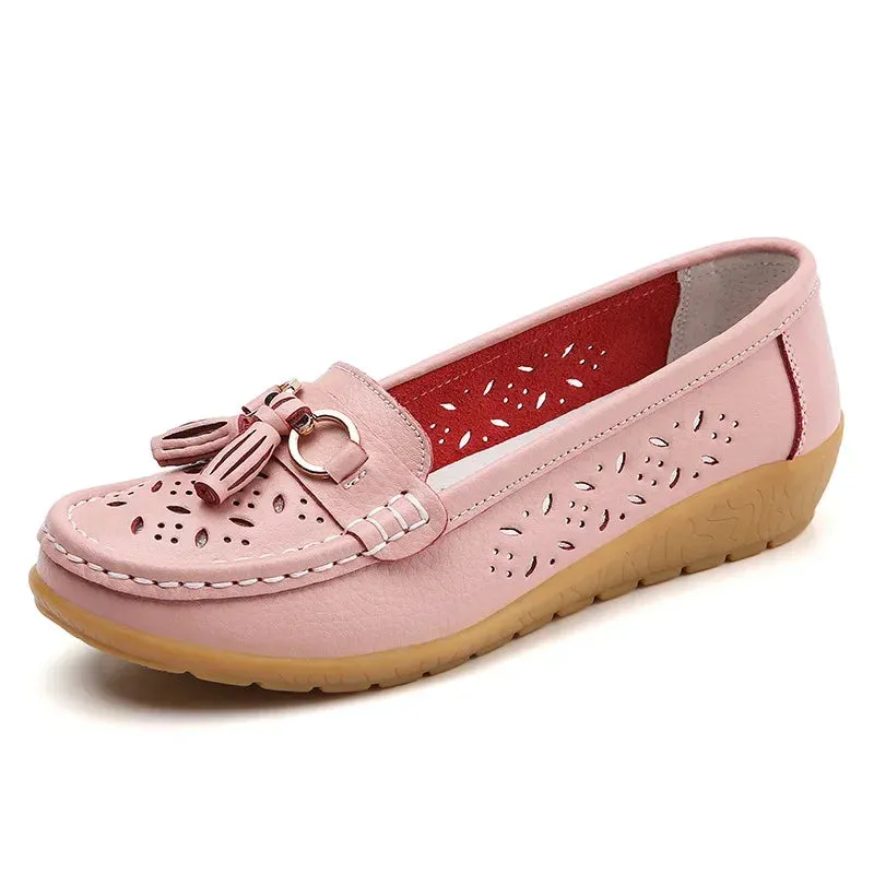 Summer Leather Women's Shoes Moccasins Platform Soft Boat Cutout Flats Casual Low Heel Nurse Lolita