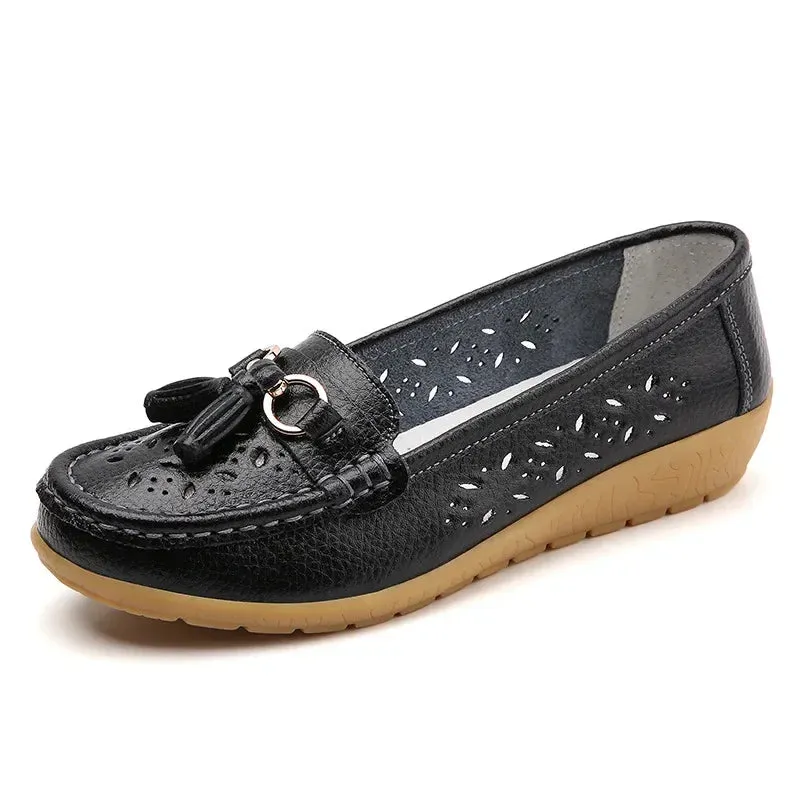 Summer Leather Women's Shoes Moccasins Platform Soft Boat Cutout Flats Casual Low Heel Nurse Lolita