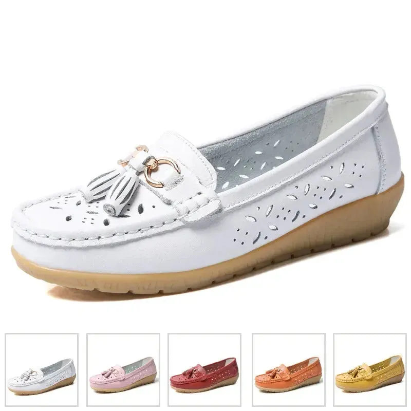 Summer Leather Women's Shoes Moccasins Platform Soft Boat Cutout Flats Casual Low Heel Nurse Lolita