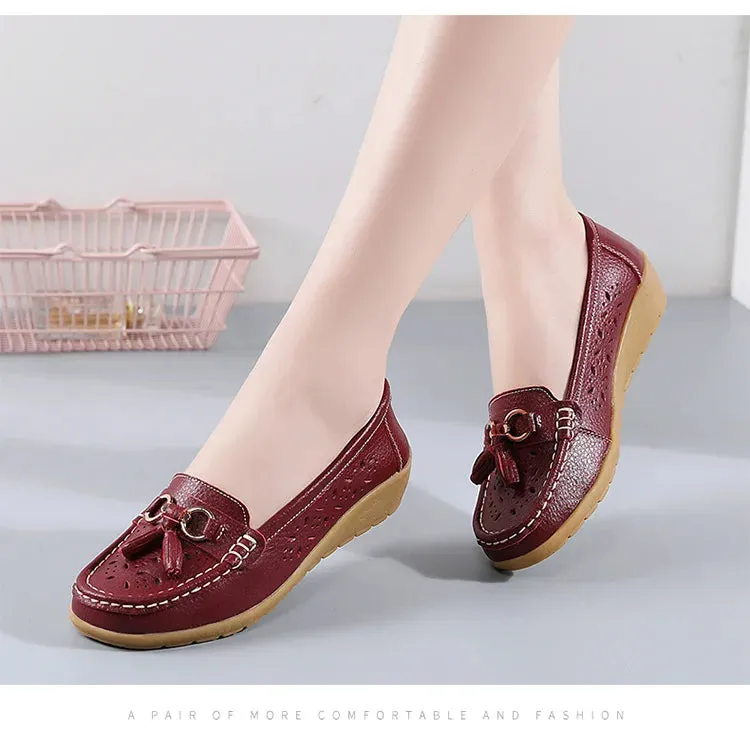 Summer Leather Women's Shoes Moccasins Platform Soft Boat Cutout Flats Casual Low Heel Nurse Lolita