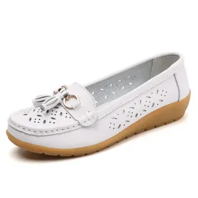 Summer Leather Women's Shoes Moccasins Platform Soft Boat Cutout Flats Casual Low Heel Nurse Lolita