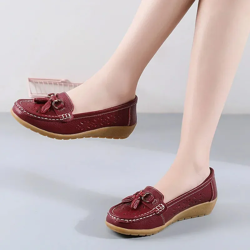 Summer Leather Women's Shoes Moccasins Platform Soft Boat Cutout Flats Casual Low Heel Nurse Lolita