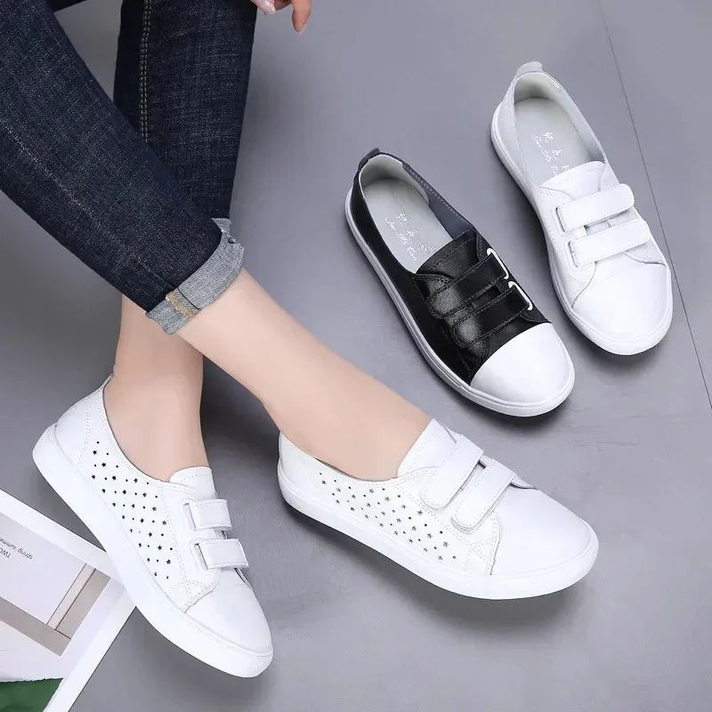 Summer White Women Shoes Moccasins for Genuine Leather Flats Hollowed Breathable Loafers Soft Casual Flat