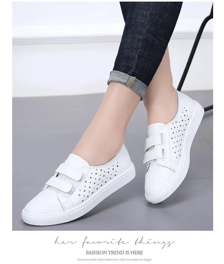 Summer White Women Shoes Moccasins for Genuine Leather Flats Hollowed Breathable Loafers Soft Casual Flat