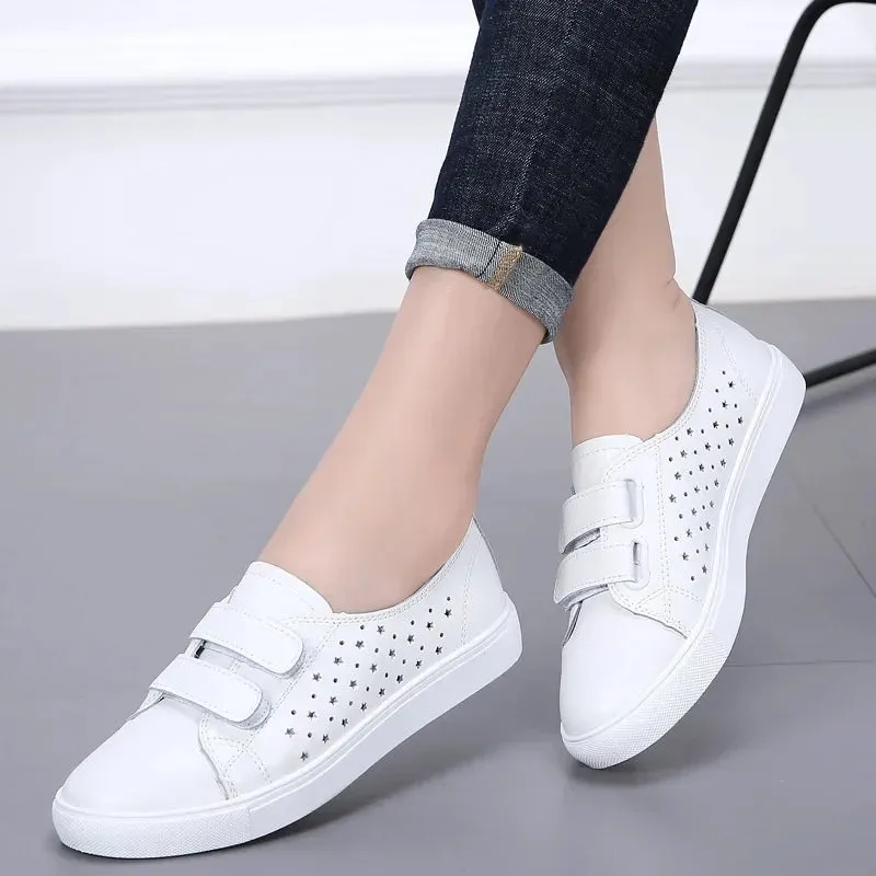 Summer White Women Shoes Moccasins for Genuine Leather Flats Hollowed Breathable Loafers Soft Casual Flat