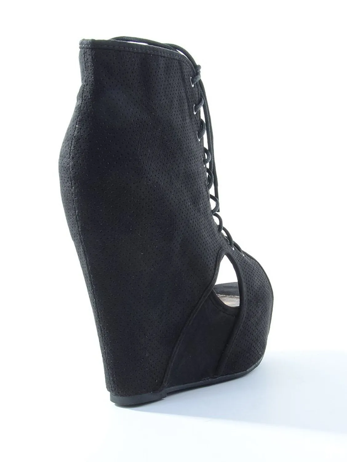 Tilda-07 Faux Suede Perforated Peep-Toe Wedge Bootie