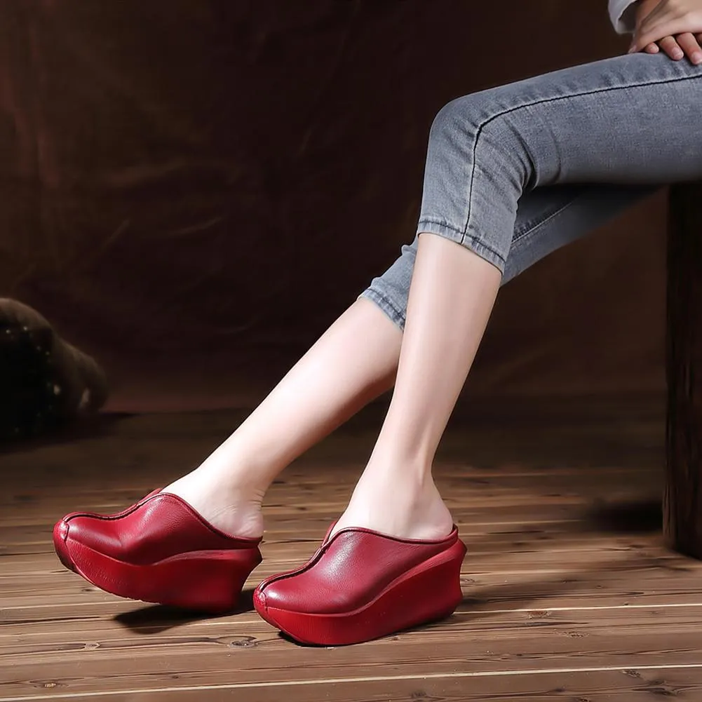 Women Handmade Retro Leather Platforms Wedges Slippers Red/Coffee